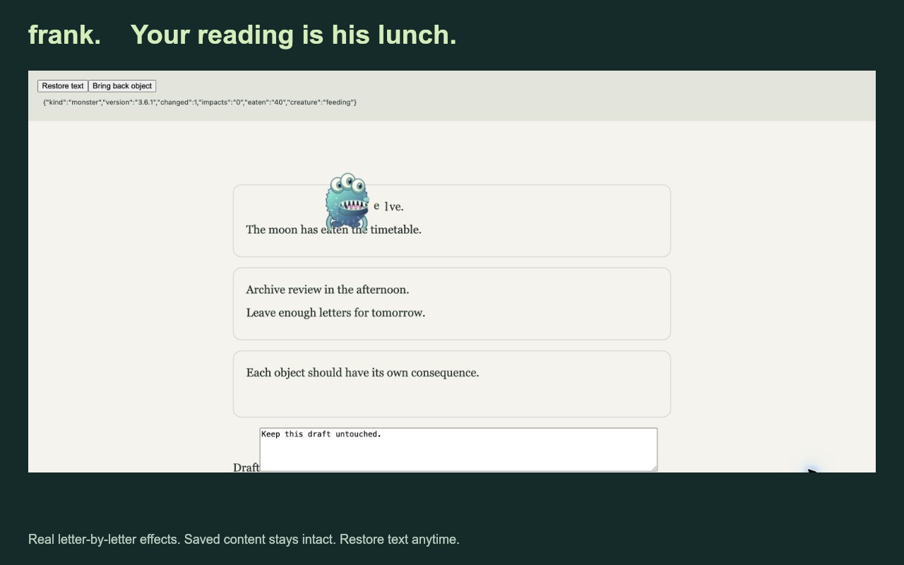 Frank eating individual letters on a sample webpage